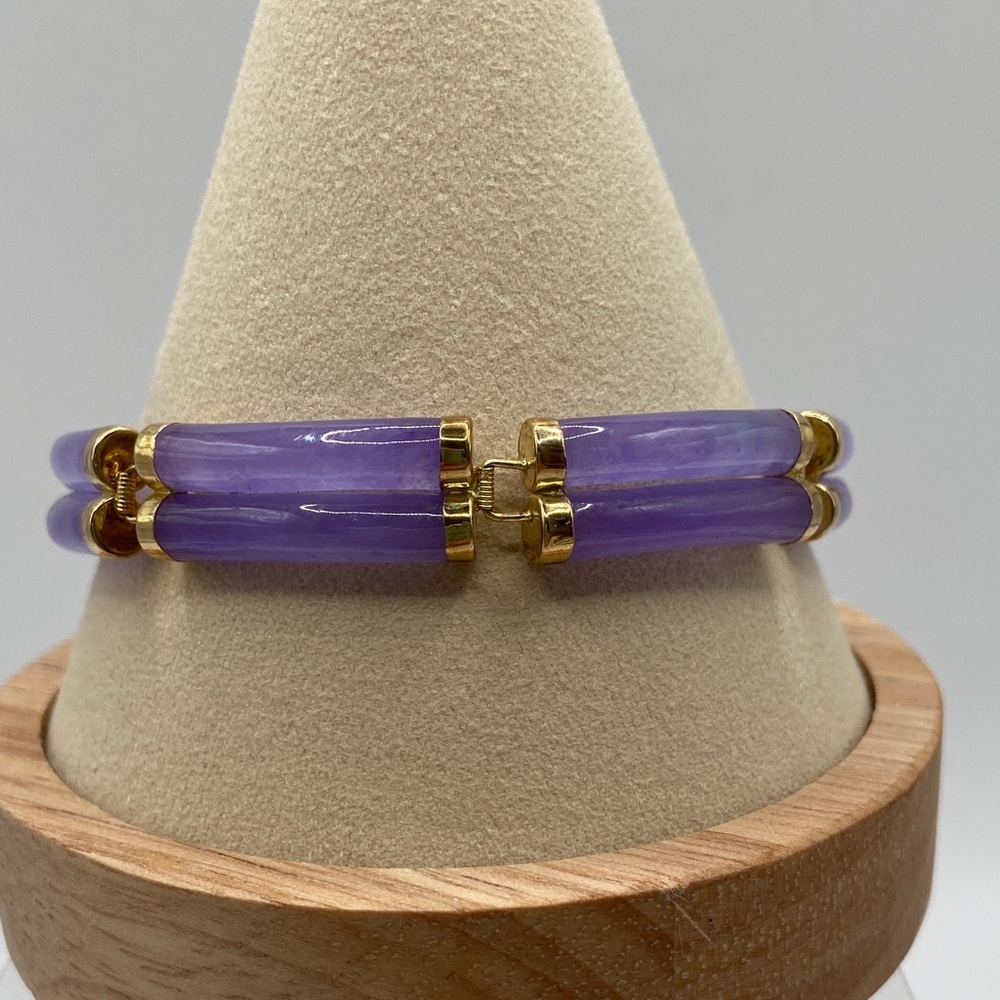 Vintage 14K Yellow Gold Double Row Good Fortune Lavender Jade Bracelet 8 1/4”L - Picture 1 of 8